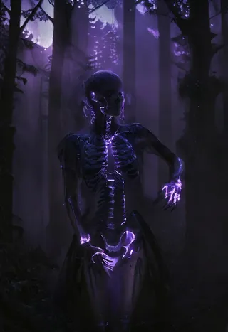 A mysterious faceless woman with purple glowing bones and fragmented skin dances in a dark, foggy forest dressed in black, under dramatic shadowy lighting.