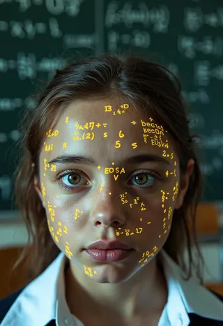 Close-up portrait of a girl with holographic yellow-gold mathematical equations projected onto her face, against a backdrop of a school blackboard filled with chalk equations in a dimly lit room.