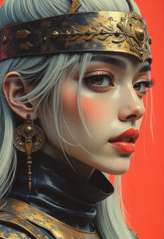 Closeup side portrait of a photorealistic Korean woman wearing detailed bronze plate fantasy armour and a half-helm, with long bleached hair and large metal earrings, against a vivid orange background