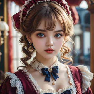 Close-up portrait of a young woman with blue eyes wearing a burgundy Victorian-style lace dress and vintage baroque earrings with elegant hairstyle.