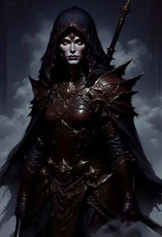 A hooded female ninja assassin with red glowing eyes dressed in dark, spiked fantasy armor, highlighted by chiaroscuro lighting and holding a sword on a cloudy background.