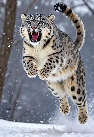 A snow leopard mid-jump in an attack pose with claws out and snarl showing fangs, captured in a snowy forest with a dynamic low-angle shot.