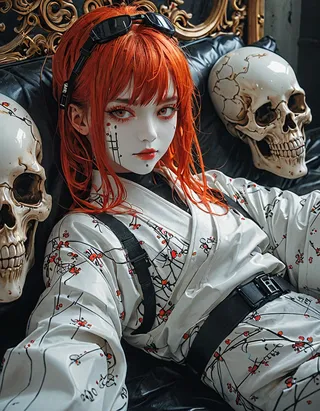 Portrait of a woman with red hair and white geisha-style face paint, wearing aviator goggles and a white kimono, reclining on a skull-shaped sofa.