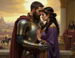 A heroic knight in gleaming medieval armor with a full beard tenderly embraces a woman dressed in royal purple robes and a golden crown atop her head, standing close with a background of a distant battlefield and a golden sun breaking through storm clouds.