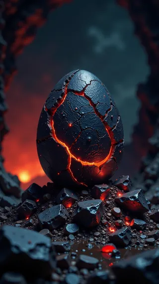 A charred black egg with glowing orange cracks sits on cinders and rocks inside a dark cave illuminated by lava and fire.