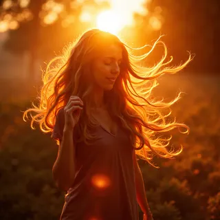 A woman with long, flowing hair illuminated by subsurface scattering during golden hour sunlight, creating a warm, glowing effect around her.