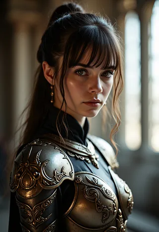 Portrait of a female knight wearing an ornate armored robe with gold embellishments standing in a gothic cathedral lit by shafts of light.