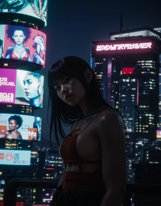 A female character stands in a neon-lit cyberpunk city at night, blending themes from Evangelion and Blade Runner with futuristic glowing billboards in the background.