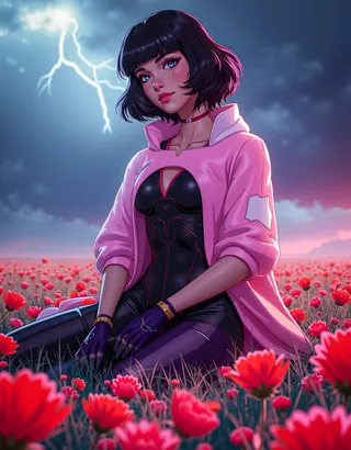 A young woman with short black hair wearing a black bodysuit and pink shrug sits in a vibrant red flower field as a storm with lightning brews in the distance.