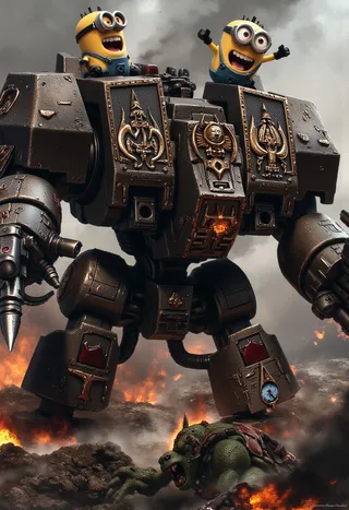 A Warhammer 40k Dreadnought robot stands on a fiery battlefield crushing an Ork underfoot, with two yellow Minions laughing joyfully atop its shoulders.