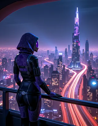 Tali'Zorah in a mask and purple suit leans against a railing on a high observation deck overlooking a futuristic neon-lit city at night with skyscrapers and a glowing light trail of traffic below.