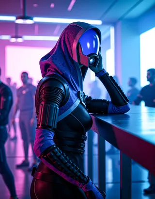 Tali'Zorah wearing a mask and a detailed purple hooded outfit stands leaning on a bar inside a futuristic nightclub on an alien planet, bathed in blue and purple neon lights with reflections on her visor.