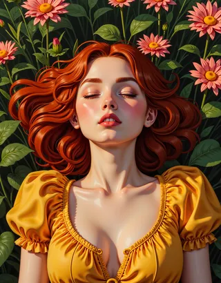 A redhead young woman with curly hair and a yellow dress lies peacefully in a garden patch covered with pink dahlia flowers and lush green leaves, basking in soft sunlight.