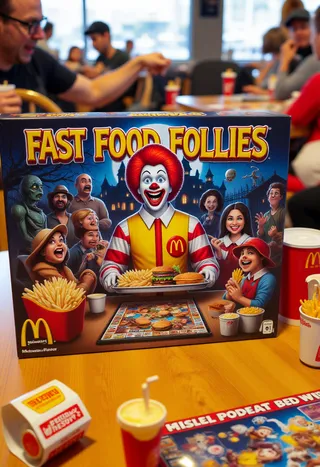 Board game box for Fast Food Follies featuring a scary McDonald's clown mascot in Halloween-themed setting with various McDonald's employees and food.