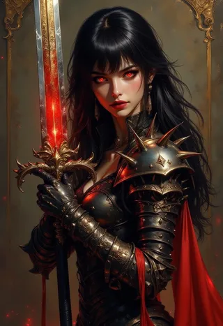 Painting of a female hellknight with dark hair and bangs, glowing red eyes, spiky black and gold armour, thin red lips, holding a large glowing red sword in a dynamic pose.