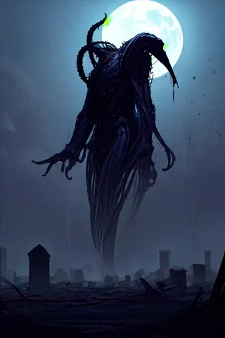 A gigantic creepy alien figure with glowing green eyes and tentacles looming over a foggy, ruined landscape under a bright full moon in a night sky.