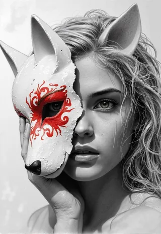 Close-up of a young woman holding a half-broken white porcelain Kitsune mask with red swirling accents covering one side of her face, selective color highlights the mask's red details against a black and white portrait.