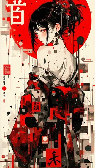 A stunning Japanese woman in a red and black kimono with kanji, glitch effects, and abstract punk collage style, looking back over her shoulder.