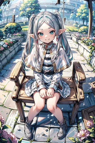 A detailed, beautifully rendered elf girl with aqua eyes and colorful silver-grey twintails sitting on a wooden bench in an outdoor garden with flowers and stone pathways under soft light.