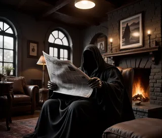 Dark cloaked Nazgûl reading a newspaper in a cosy living room with a lit fireplace and a framed picture of Nazgûl at the beach on the wall.