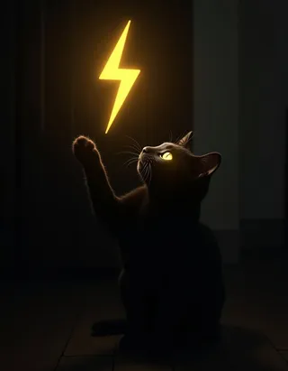 Black cat in a dark room reaching with its paw towards a glowing yellow lightning bolt, with the symbol reflected in the cat's eyes.