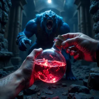 First person point of view of hands holding a glowing red potion in a round glass bottle while pulling the cork, with an angry blue stone golem roaring in the dark dungeon background.