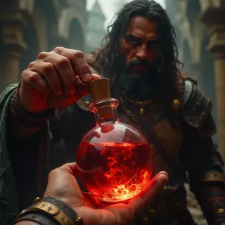First person POV hands holding a glowing red potion in a round glass bottle, removing the cork, with an injured barbarian blurred in the background.