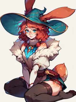 Red-haired girl with blue eyes, freckles, and rabbit ears wearing round glasses, a large teal witch hat with orange lining, a fluffy white fur collar, gloves, and thigh highs, sitting with a fox-like tail.