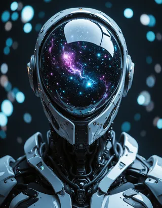 Closeup frontal portrait of a humanoid robot with a reflective, dome-shaped head displaying a galaxy cosmos and nebula inside, set against a moody blue bokeh background.