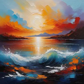 Heavily textured abstract oil painting of a serene ocean wave at sunset with vibrant orange and blue hues and broad brush strokes.