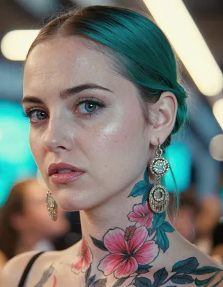Close-up side view portrait of a female with turquoise eyes, pink hibiscus tattoos on her neck and shoulder, wearing ornate earrings, with gleaming lips and teal hair.