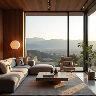 Contemporary living room with grey wool sofa and toucan pillows, floor-to-ceiling windows offering a panoramic view of a California mountainous valley city, warm wood tones, and minimalist decor.