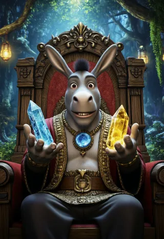 A photorealistic wise donkey dressed as a fantasy sage in ornate robes, seated on a carved wooden throne, holding a golden and a silver crystal with a magical forest background.