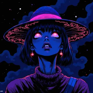 Closeup portrait of an anime woman with glowing pink eyes wearing a wide-brimmed planet-themed hat, set against a dark neon-lit cosmic background.
