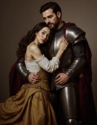 A valiant knight in medieval armor with short hair and full beard embraces a shorter woman dressed in medieval royal attire, painted in a 19th-century Victorian style.