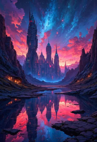 A vibrant futuristic sci-fi city with tall skyscrapers and domes illuminated by neon colors, reflected perfectly in a tranquil lake under a starry night sky with nebulas.