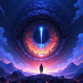 A lone figure standing on a rocky outcrop in front of a colossal creature’s massive eye, glowing with fiery orange and blue hues, surrounded by a surreal, bioluminescent landscape under a dramatic sky.