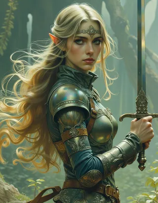 A detailed portrait of a female elf warrior with long flowing blonde hair, wearing ceremonial metal armor and a jeweled diadem, holding an ornate sword.