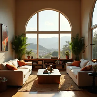 Cozy Mediterranean style living room with arched windows overlooking a mountainous California valley, featuring two sofas, a coffee table, potted palm plants, and warm natural lighting.