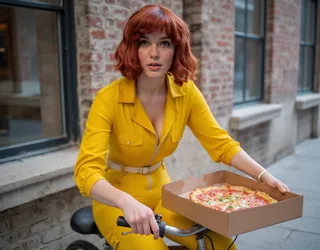 Woman with red hair in a yellow jumpsuit delivering pepperoni pizza on a bicycle in an urban alleyway