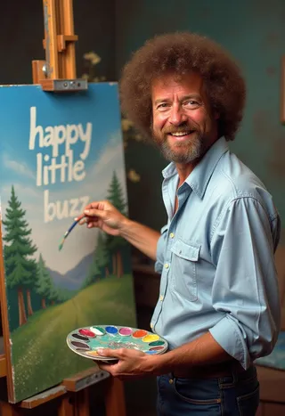 Ultra realistic photo of Bob Ross smiling while painting 'happy little buzz' on a canvas, holding a colorful palette and brush.