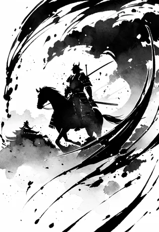Monochrome sumi-e style watercolor artwork depicting a samurai in Japanese armor on horseback surrounded by dynamic ink splashes and silhouette art.