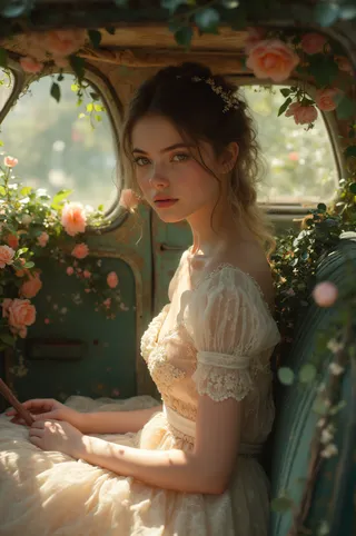 Photorealistic portrait of a European young woman with alabaster skin wearing a wedding dress, sitting inside an old car interior decorated with blooming flowers and plant vines.