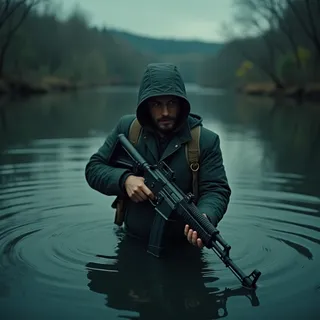 A moody cinematic scene showing a man in a hooded jacket holding an AK-47 while standing waist-deep in water, with a blurred natural background and film grain effect.