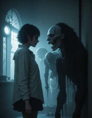 A tense, dark scene showing an experimental hospital patient woman facing a terrifying clockwork monster in a shadowy room with two more monstrous figures in the background.