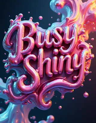 3D płynny tekst mówiący BusyShiny w błyszczącym, kolorowym i refleksyjnym stylu z kroplami cieczy wokół.
