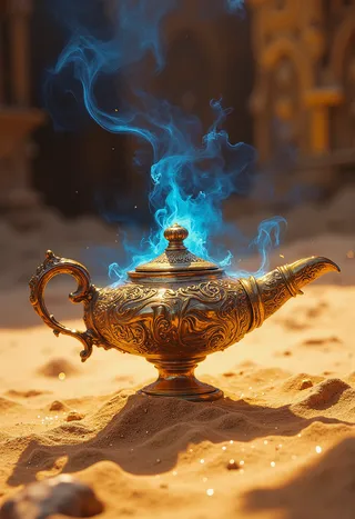 Intricately engraved golden Aladdin's lamp resting on desert sand with swirling blue mystical smoke emitting from its spout, blurred exotic palace in the background.