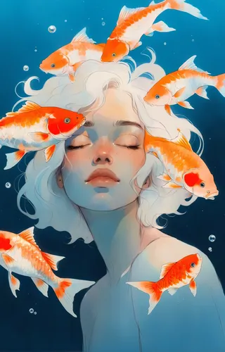 Digital portrait of a Montserratian woman with white hair and closed eyes surrounded by large orange and white koi carps swimming underwater.
