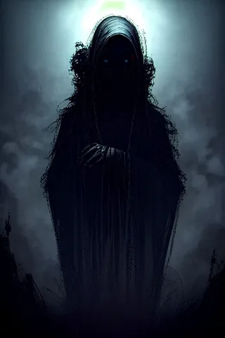 Dark silhouette of a gigantic creepy alien figure in a hooded cloak, standing in a foggy, eerie night environment with faint glowing eyes and a mysterious atmosphere inspired by HP Lovecraft.