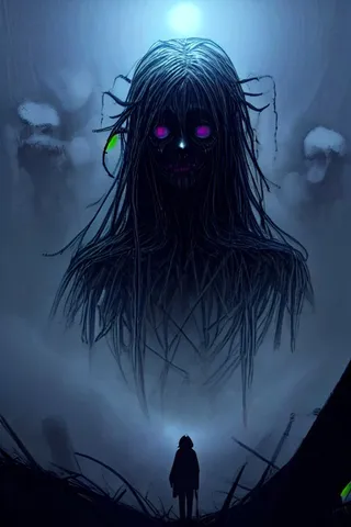 A gigantic creepy alien figure with long dark hair and glowing purple eyes looms in a foggy, eerie night scene with a small silhouetted human figure below.